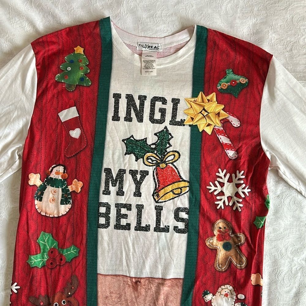 Faux Real Mens Hairy Belly In Ugly Christmas Sweater Vest T shirt Size Large